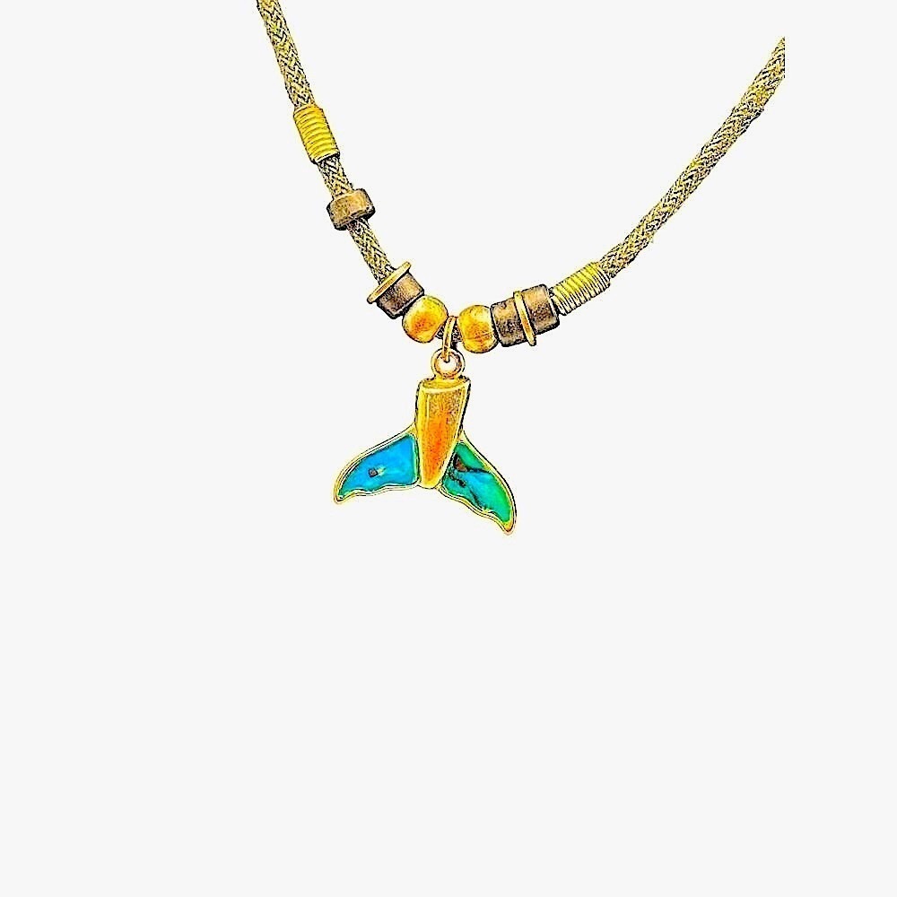 Handcrafted Whale Tail Necklace With Blue Inlay & Beaded Cord For Ocean Lovers - Picture 6 of 6